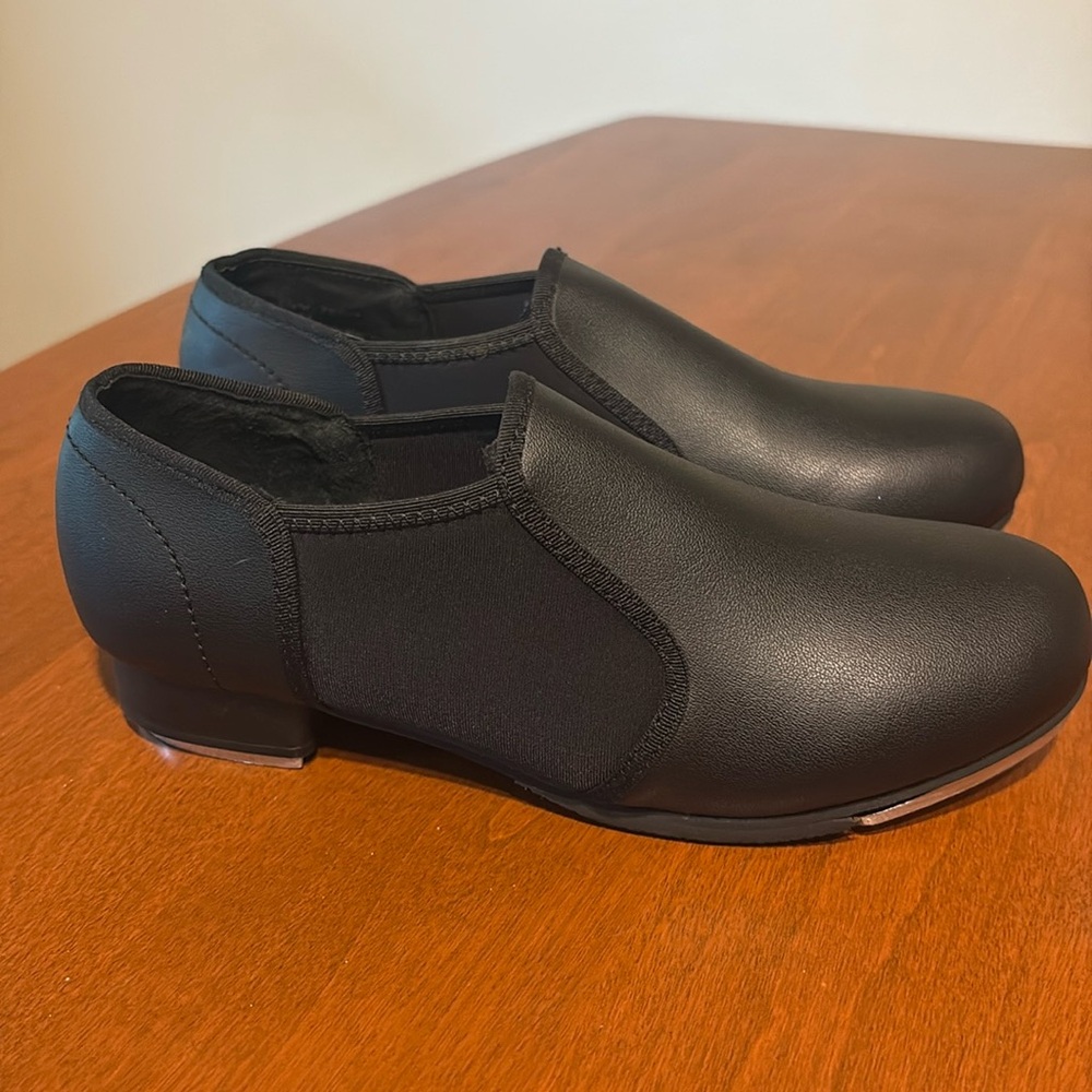 Theatrical Black Slip On Tap Jazz Stretch Dance Shoes Kids 5.0 Style T9100